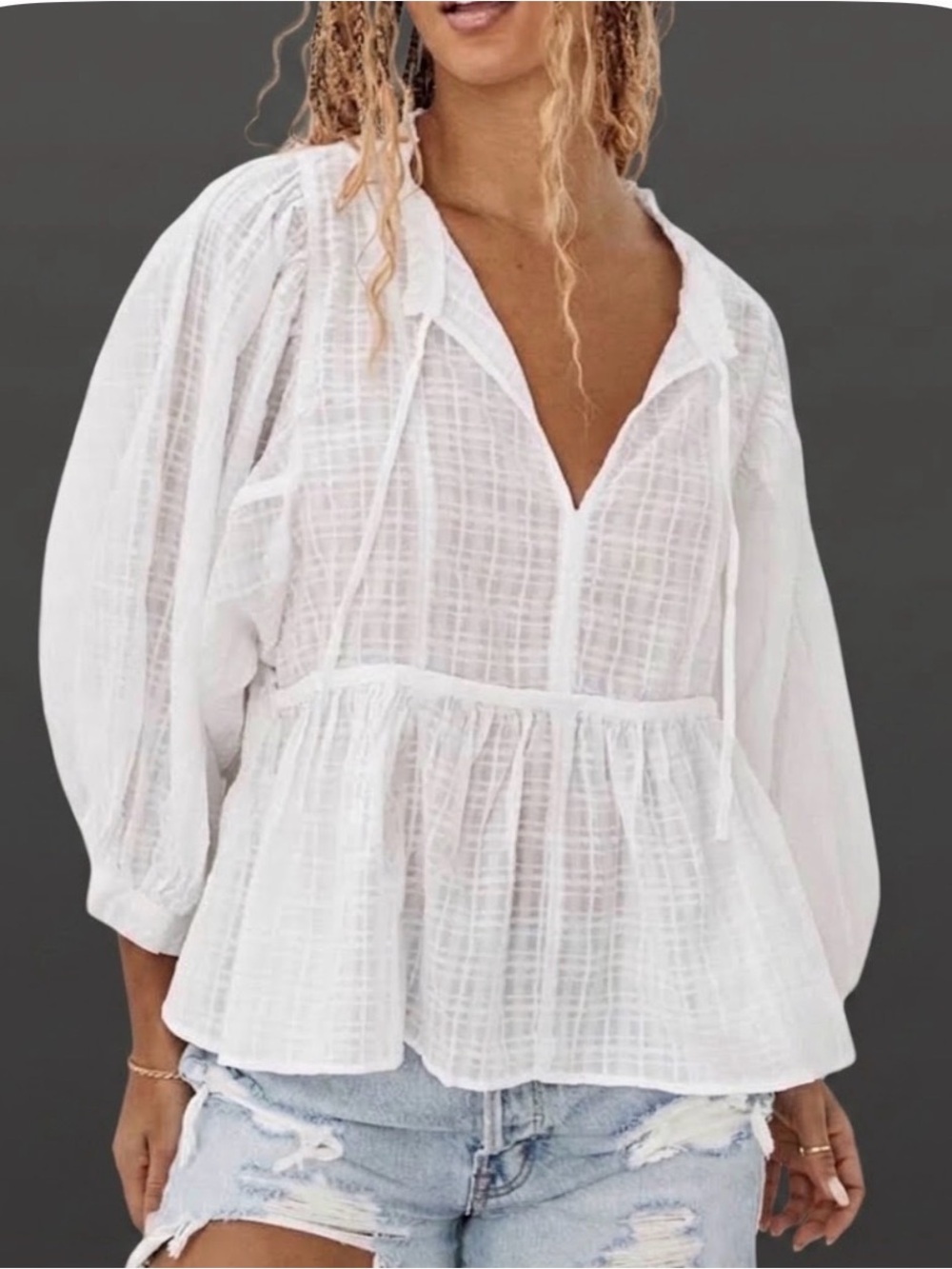 American Eagle White Peasant Blouse Boho Long Sleeve‎ Tie Neck Babydoll Top XS
